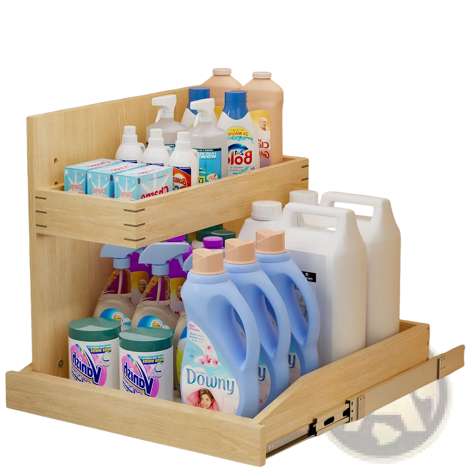 Light-colored wooden two-tier sliding under sink organizer with pull out drawers for laundry supplies 19.5w