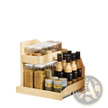 Under sink organizer 2 tier wood pull out drawer 19.5w with light wood frame and clear glass jars neatly arranged inside