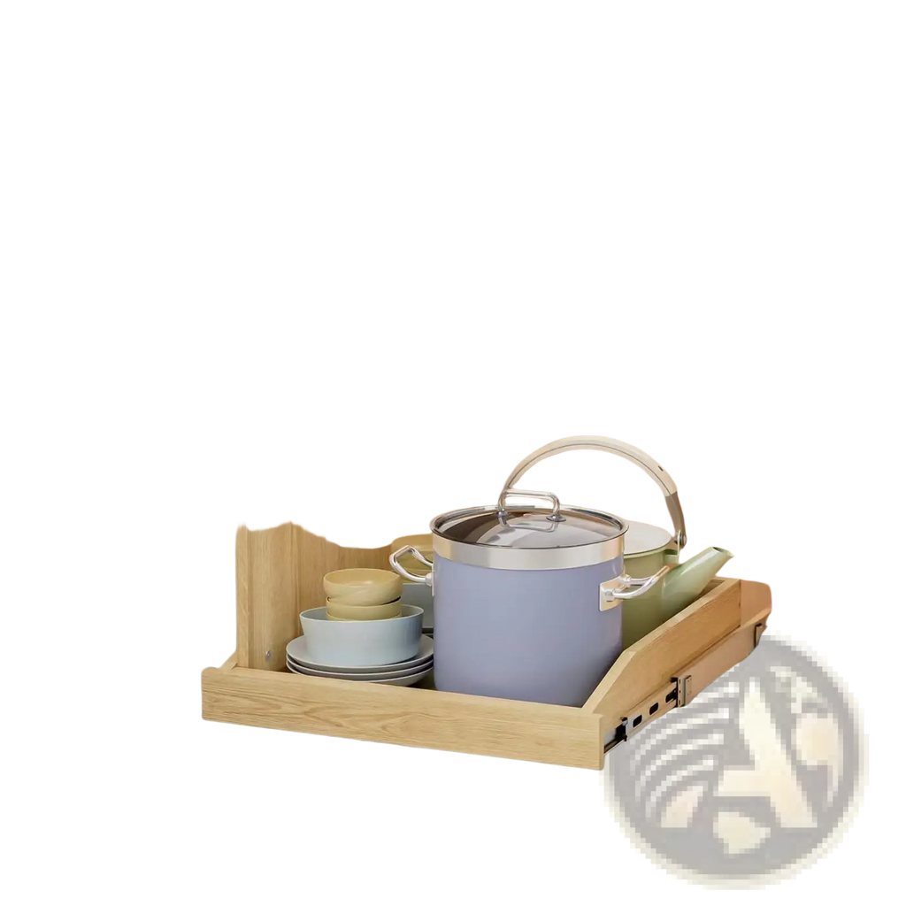 Under sink organizer 2 tier light wood pull out drawer with glass spice jars and ceramic bowls 19.5w