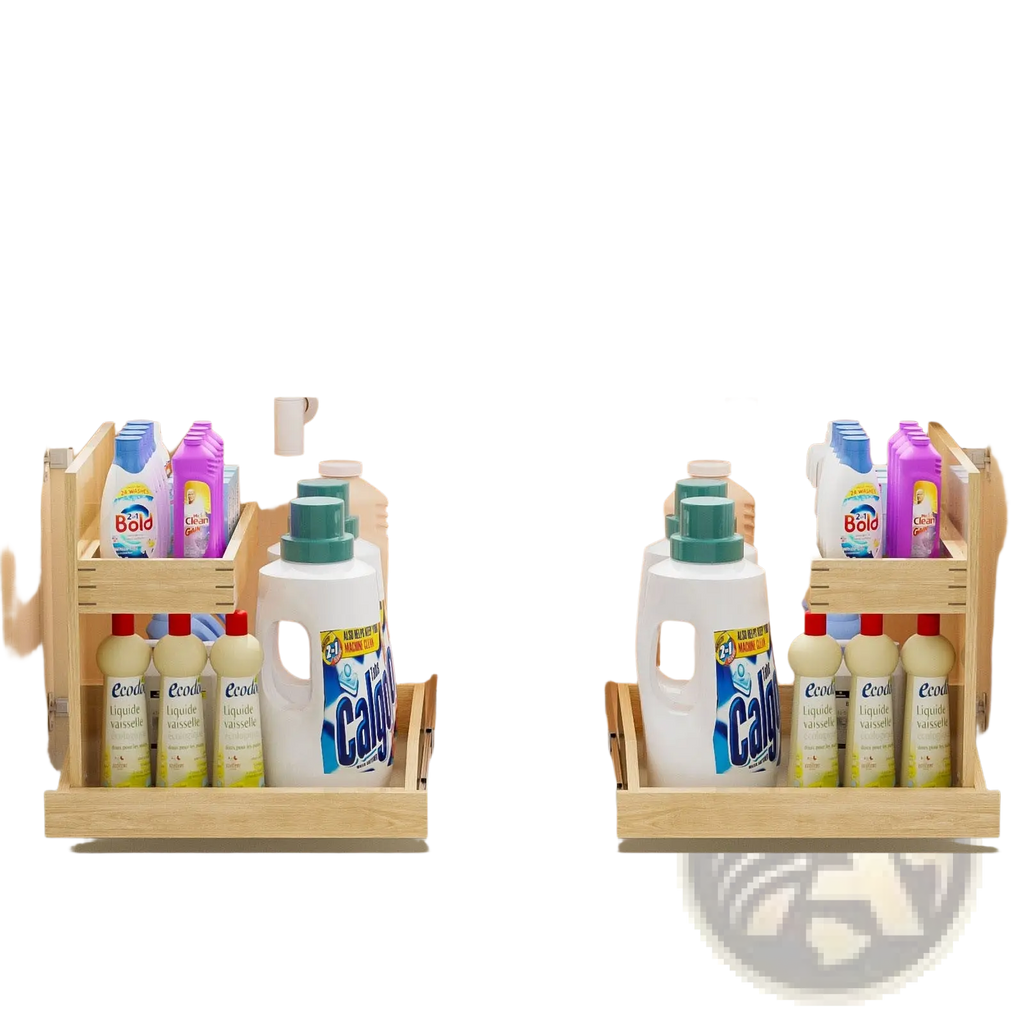 Under sink organizer 2 tier wood pull out drawer 19.5w with light wood sliding drawers holding laundry detergent bottles