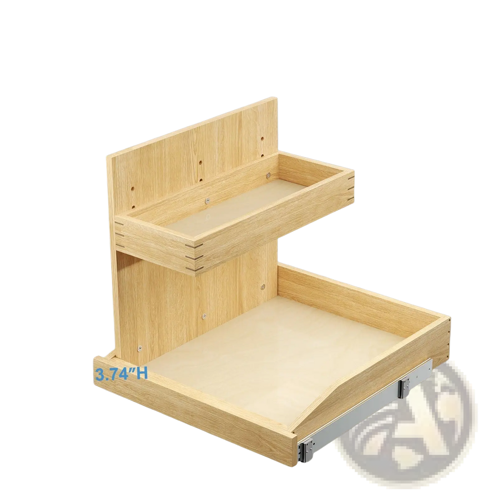 Light wood two-tier under sink organizer pull out drawer with dovetail joints and metal slide mechanism 19.5w