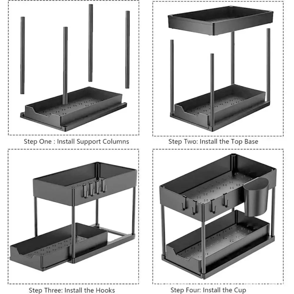Black metal two-tier under sink organizer with perforated trays and cup holder made in mainland china for kitchen storage
