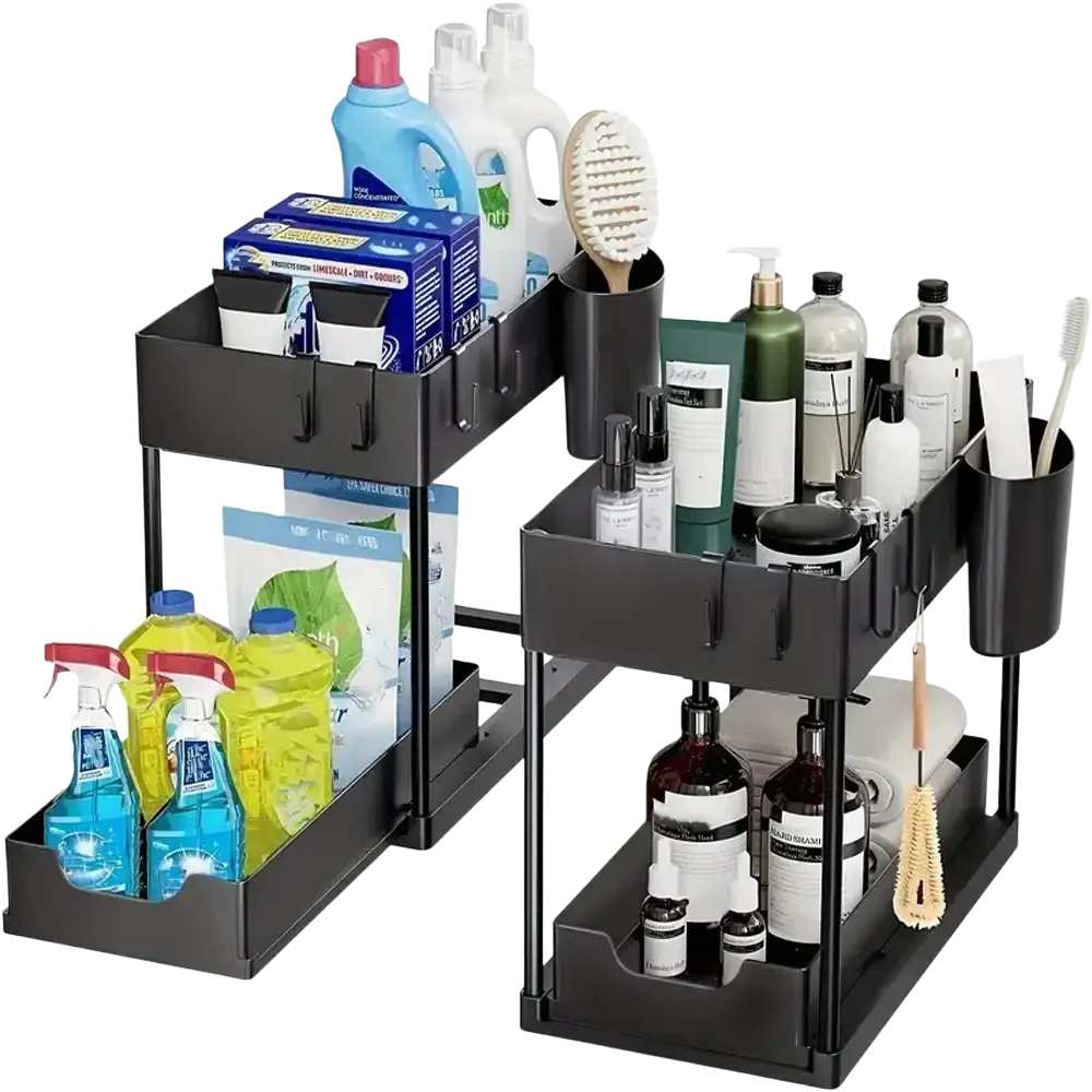 Black two-tier rolling under sink organizer with pull-out trays and cylindrical cup holders made in mainland china