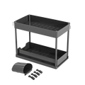 Black two-tier plastic under sink organizer sliding basket with perforated shelves and hooks made in mainland china