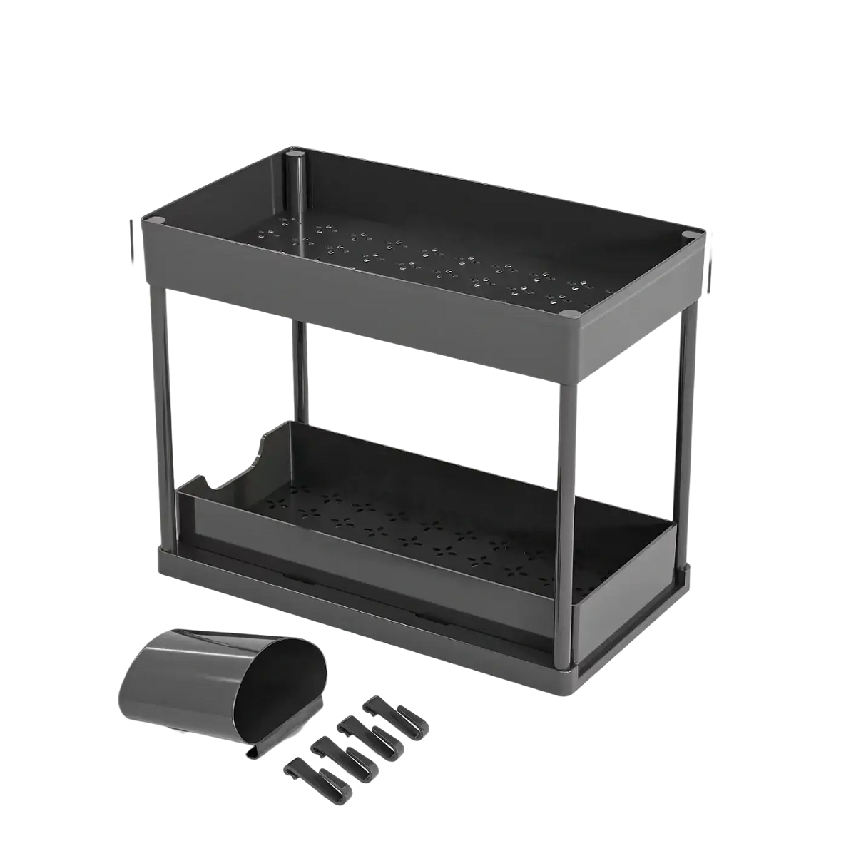 Black two-tier plastic under sink organizer sliding basket with perforated shelves and hooks made in mainland china