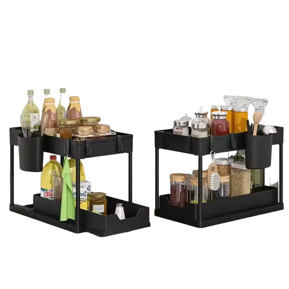 Black two-tier under sink organizer sliding basket with side pockets and pull-out tray made in mainland china
