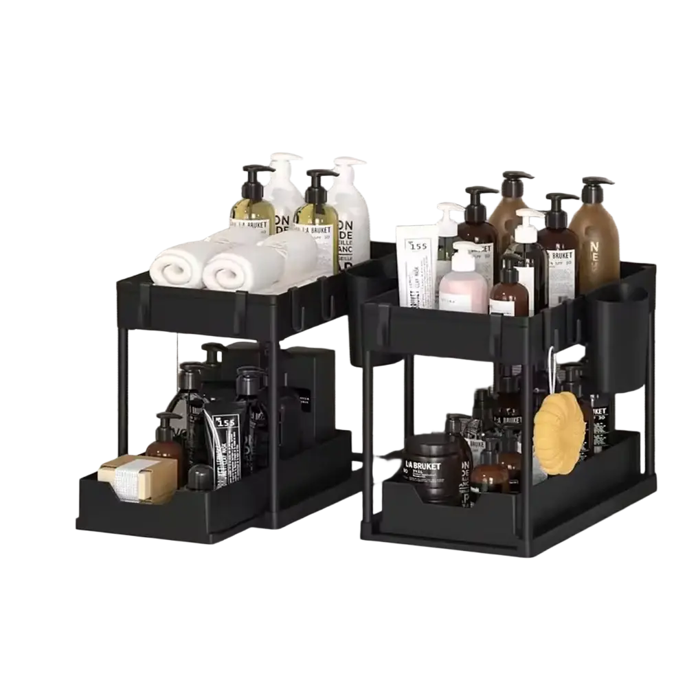 Black two-tiered under sink organizer with sleek metal frame and adjustable shelves made in mainland china