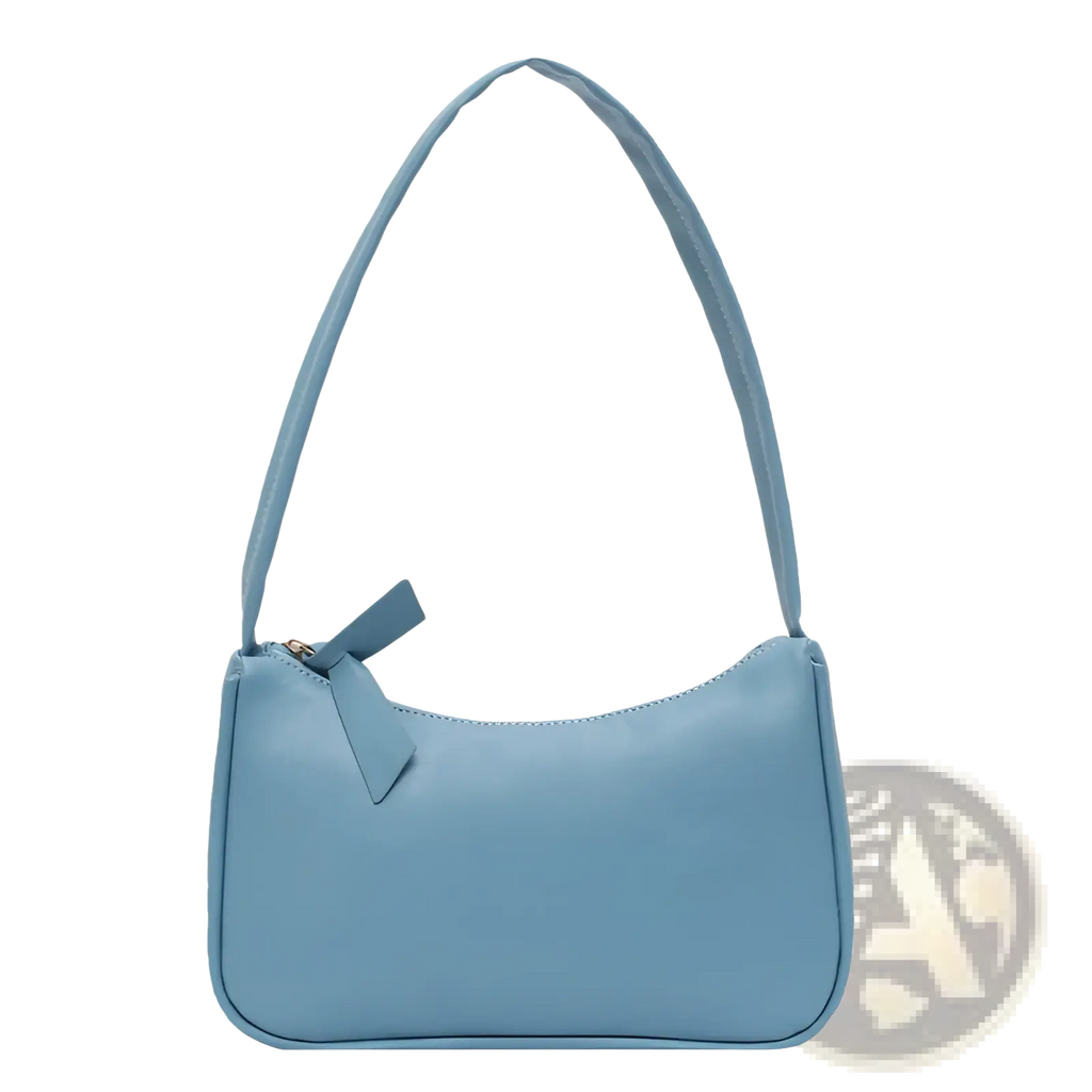Underarm shoulder bag faux leather rectangular purse in soft light blue with curved top and matching fabric bow zipper pull