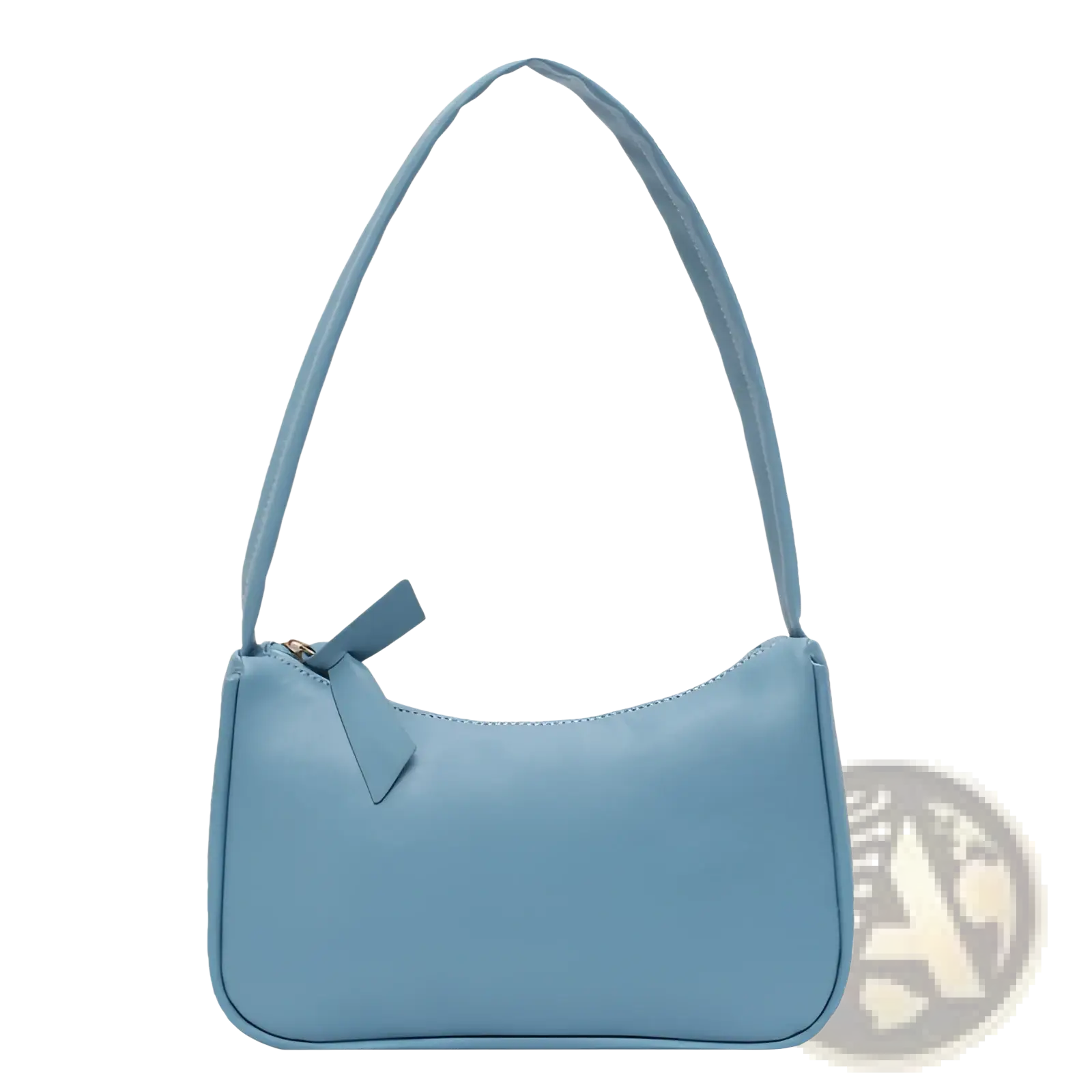 Underarm shoulder bag faux leather rectangular purse in soft light blue with curved top and matching fabric bow zipper pull