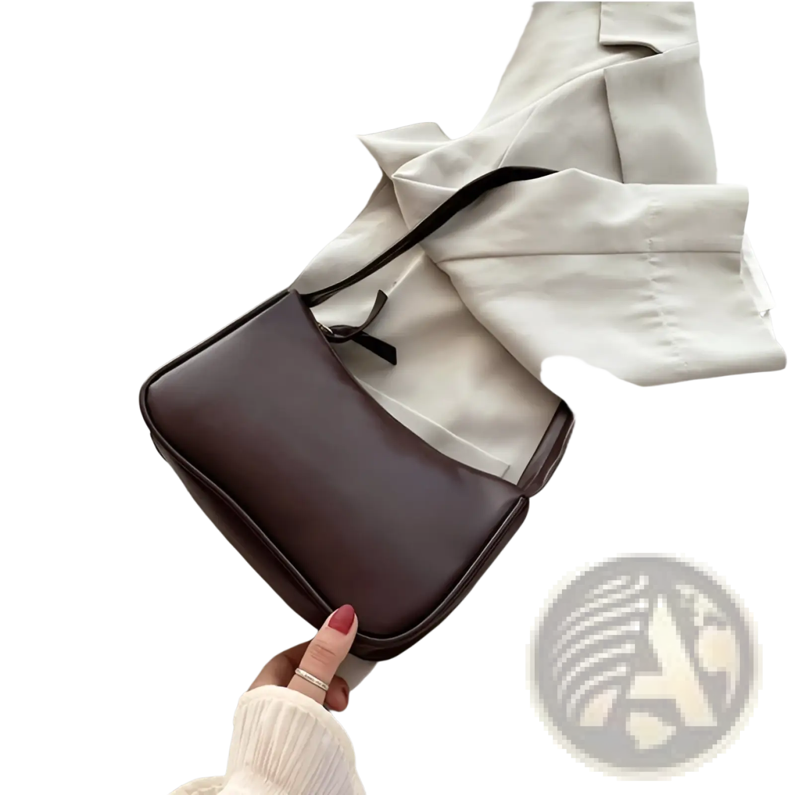 A sleek coffee-colored faux leather underarm shoulder bag with a minimalist rectangular design and single strap