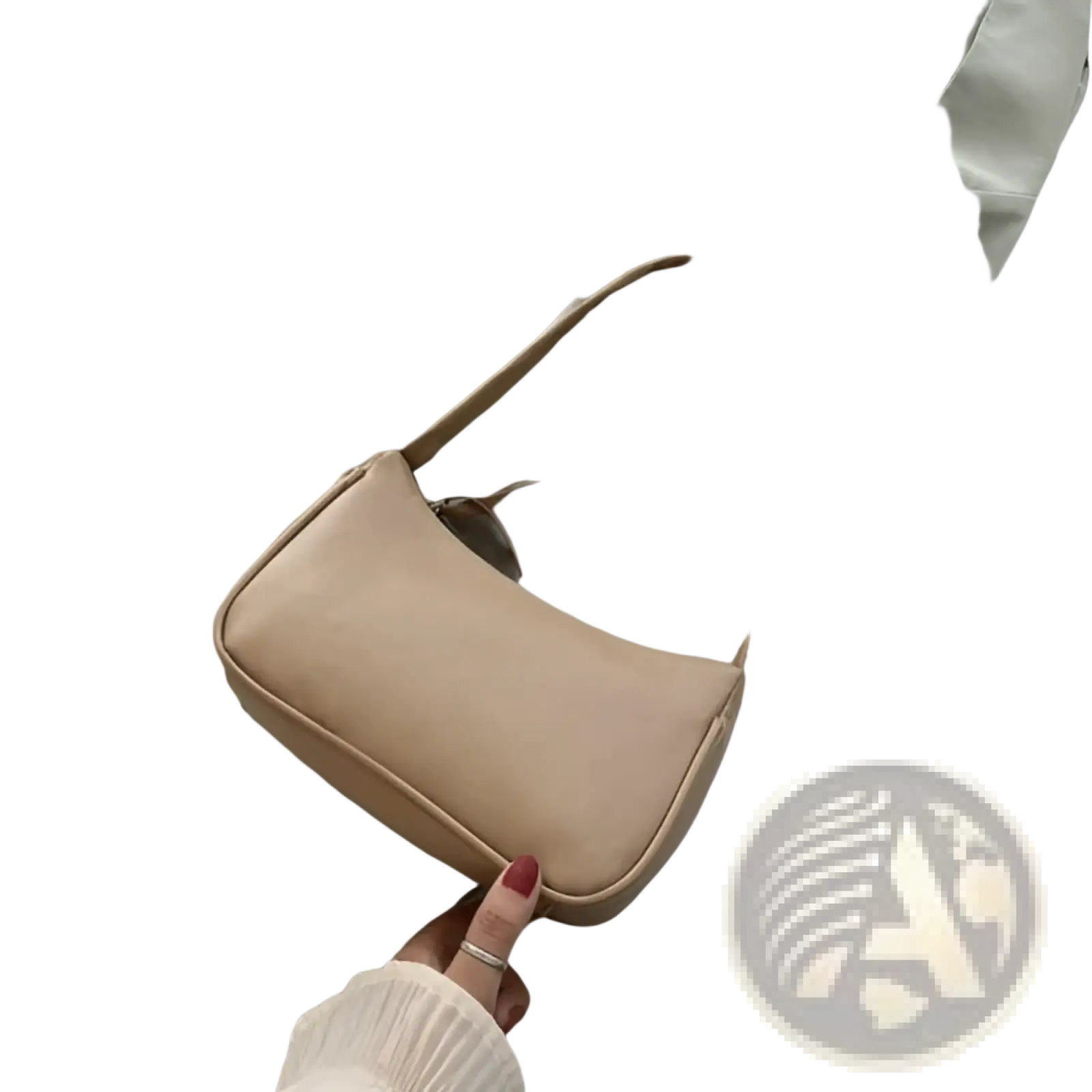 Khaki leather underarm shoulder bag with sleek minimalist design and soft rounded edges rectangular purse