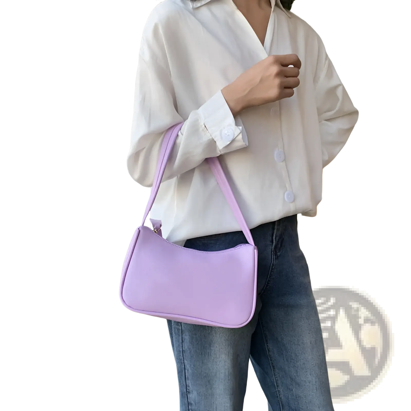 A soft lavender faux leather underarm shoulder bag with a sleek minimalist design and rectangular shape