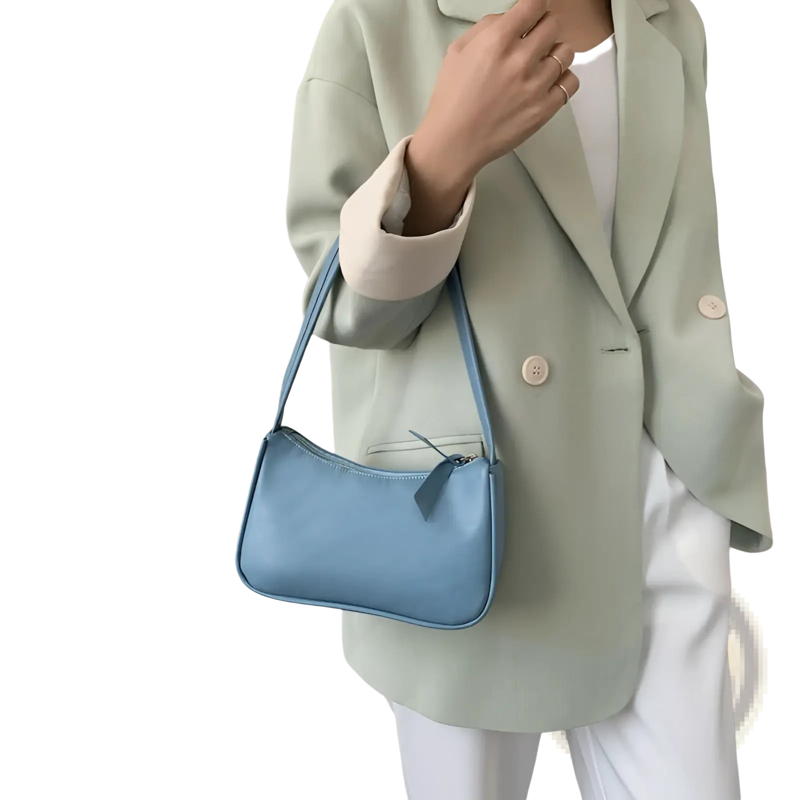 Underarm shoulder bag faux leather rectangular purse in light blue with a sleek curved design and matching strap