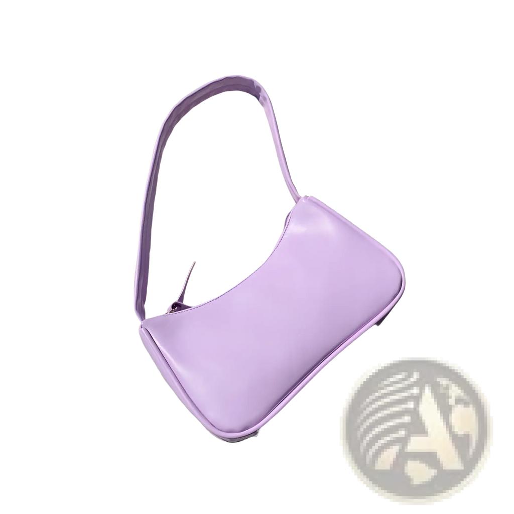 A sleek lavender underarm shoulder bag with glossy finish and curved design made of faux leather rectangular purse