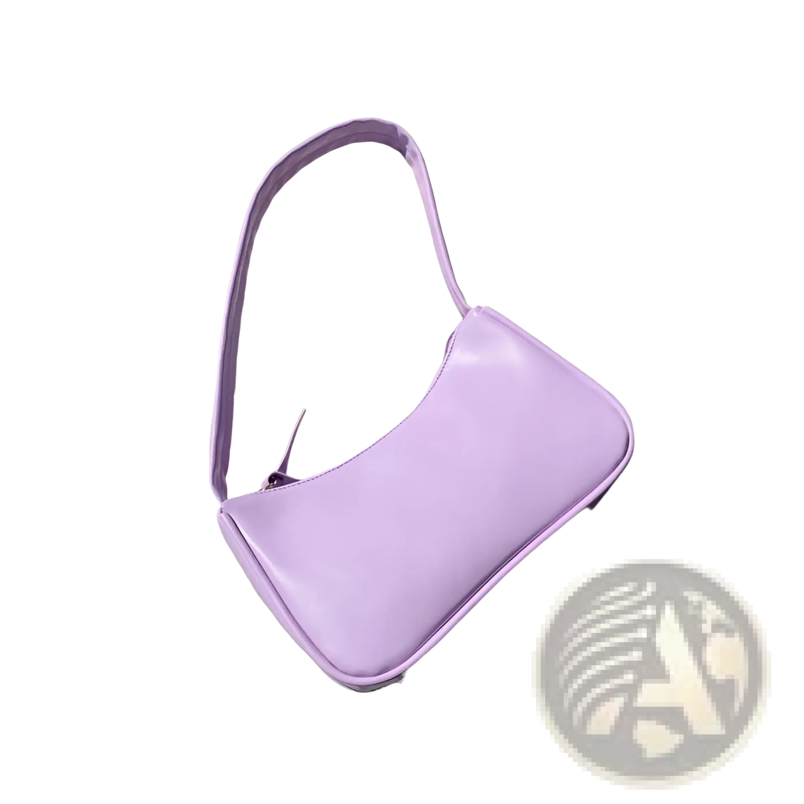 A sleek lavender underarm shoulder bag with glossy finish and curved design made of faux leather rectangular purse