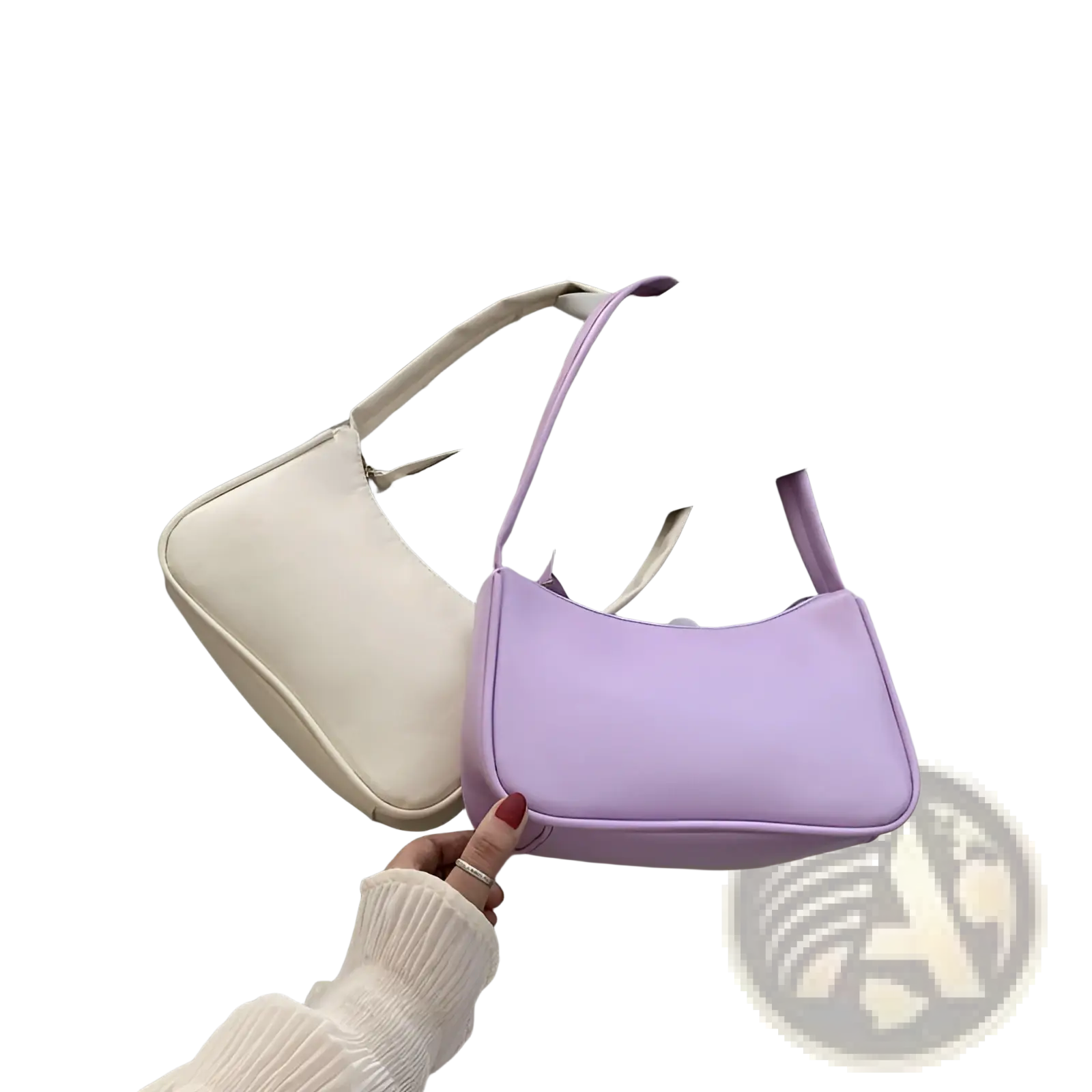 Underarm shoulder bag with a soft lavender color, glossy faux leather finish, and sleek rectangular shape with matching strap