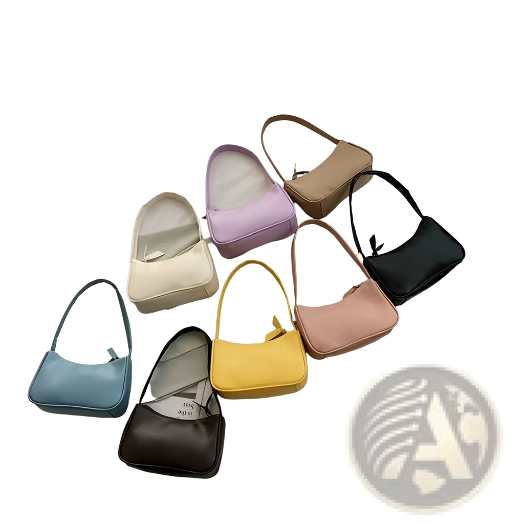 A collection of pastel and neutral-colored faux leather underarm shoulder bags with sleek modern rectangular design