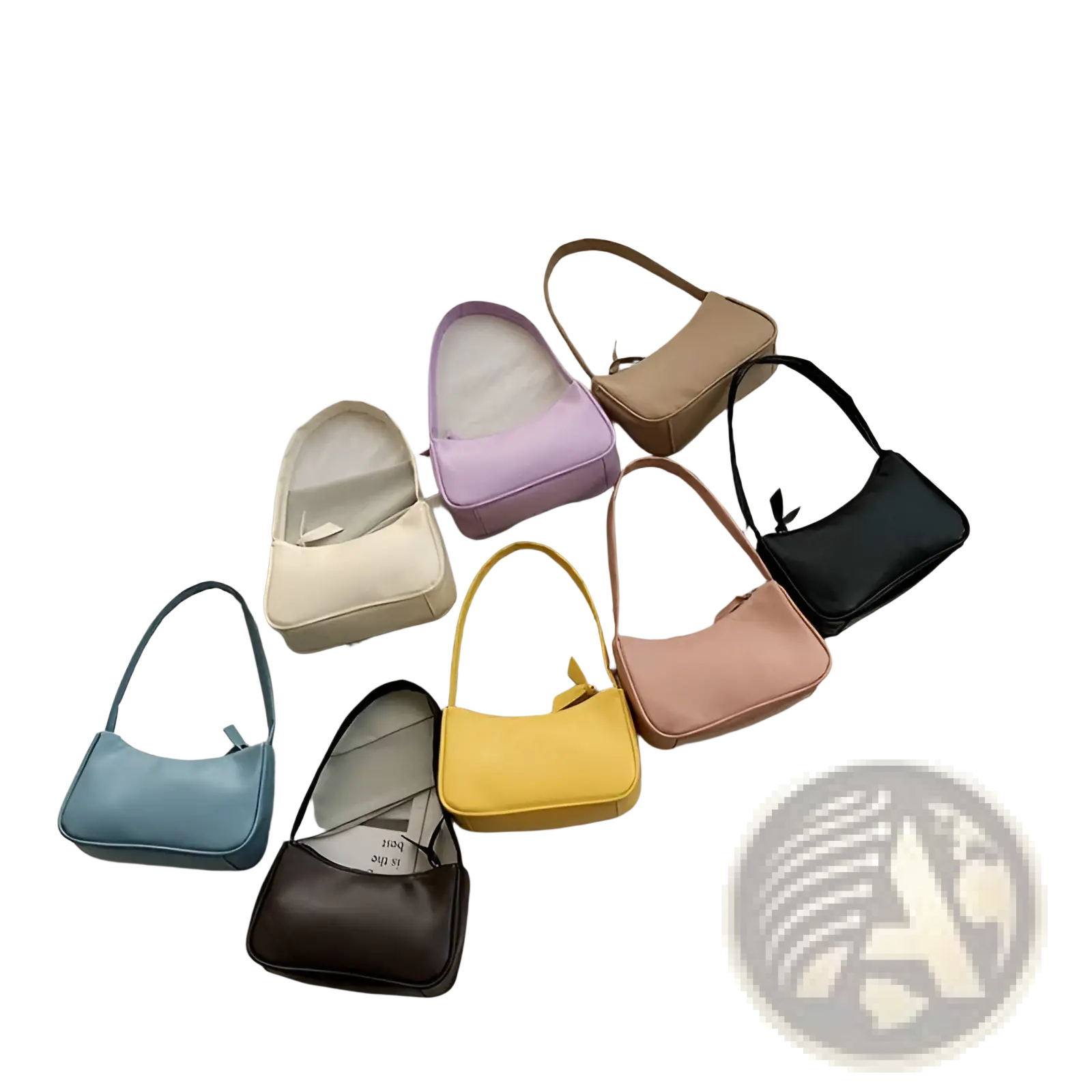 A collection of pastel and neutral-colored faux leather underarm shoulder bags with sleek modern rectangular design