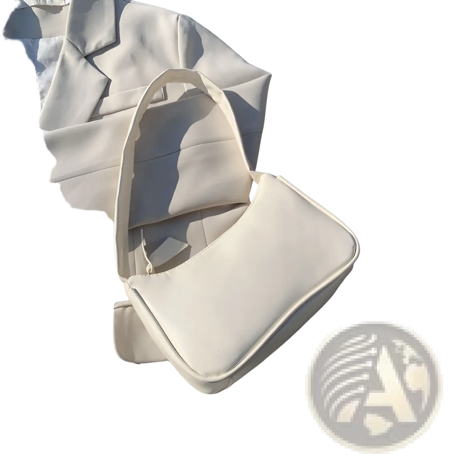 Cream-colored underarm shoulder bag with structured rectangular shape and smooth matte faux leather finish