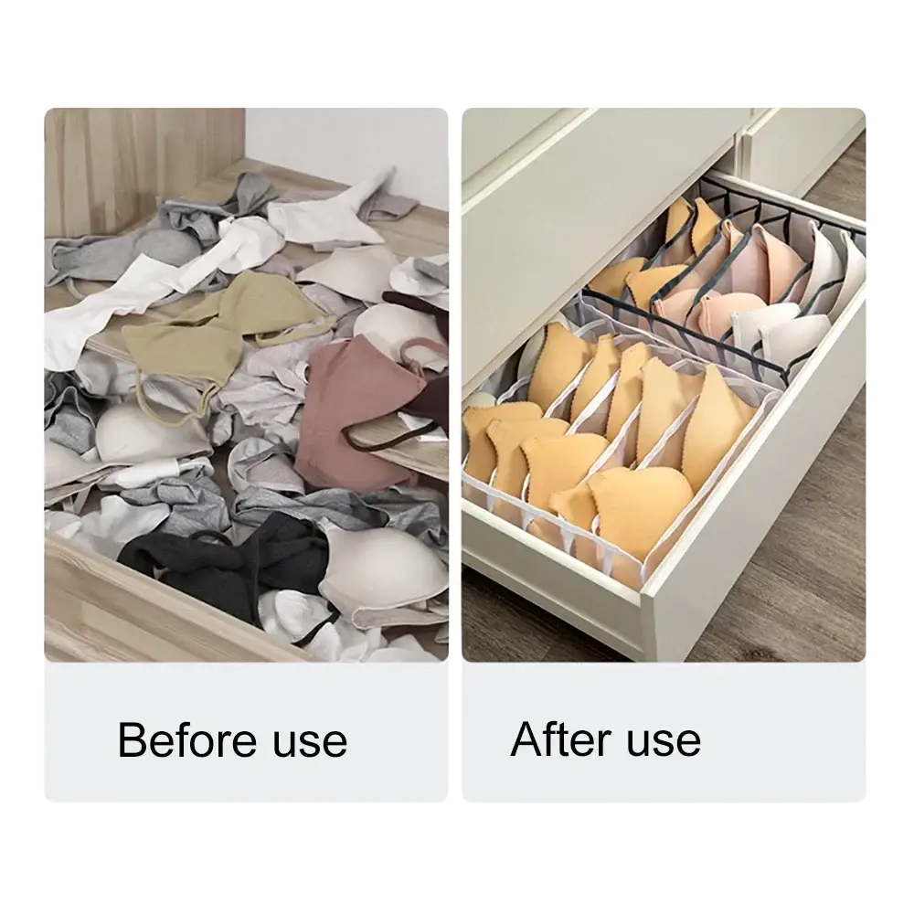 Underwear organizer with grid 7grid and 11grid clear plastic compartments and black mesh dividers for bra storage