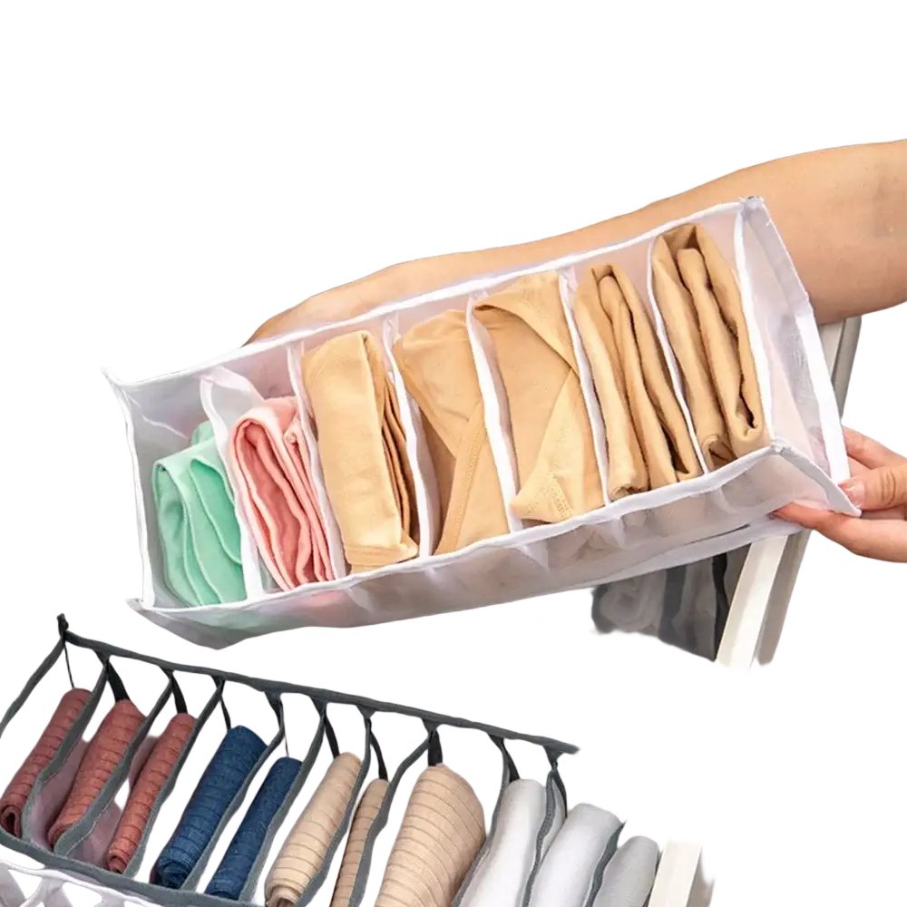 Transparent plastic underwear organizer with grid 7grid 11grid compartments holding neatly folded colorful underwear