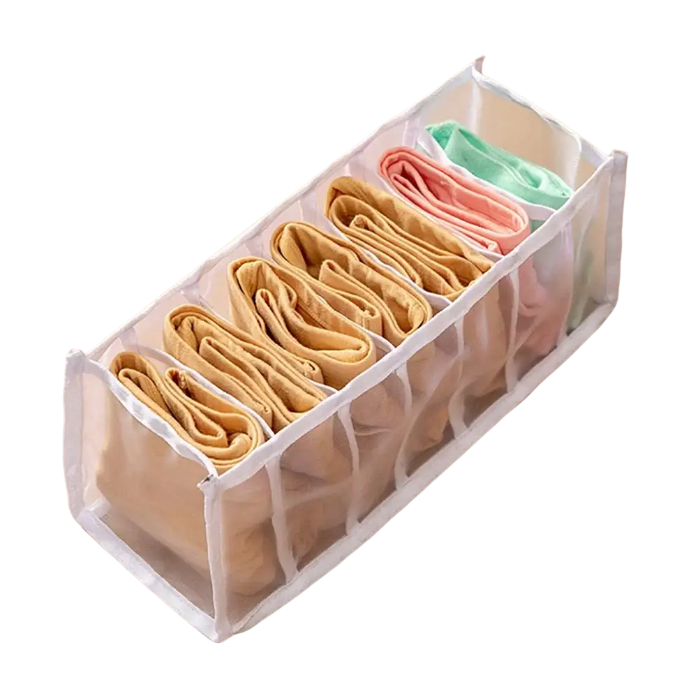 Transparent plastic underwear organizer with seven compartments holding colorful folded underwear grid 7grid 11grid storage box