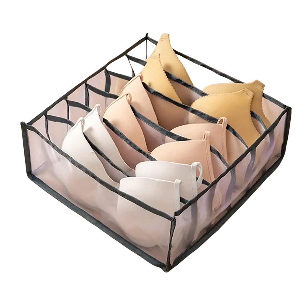 Transparent mesh underwear organizer with black trim and six compartments for drawer storage grid 7grid 11grid use