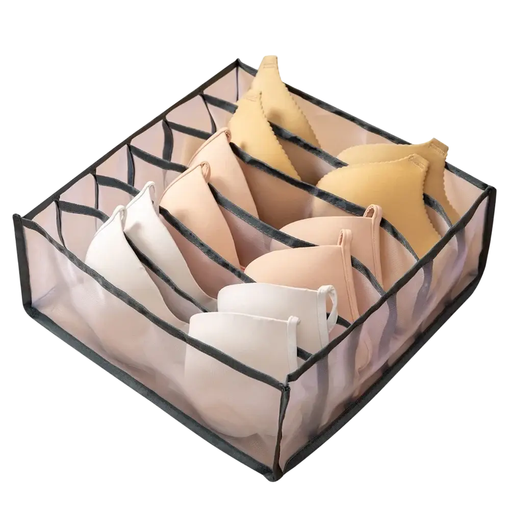 Transparent mesh bra organizer with black trim and multiple compartments for underwear storage grid 7grid 11grid
