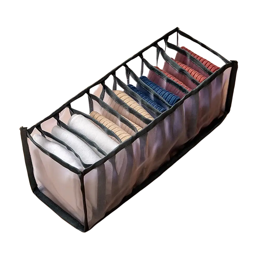 Transparent mesh underwear organizer with black trim and 11 compartments for neat storage grid 7grid 11grid design