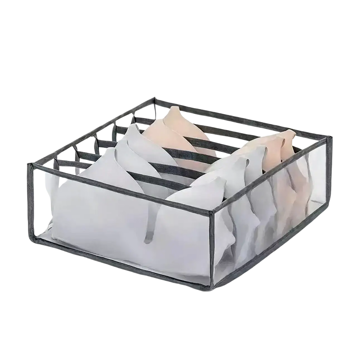 Grey transparent bra organizer with black trim and six compartments for underwear organizer drawer divider closet storage box