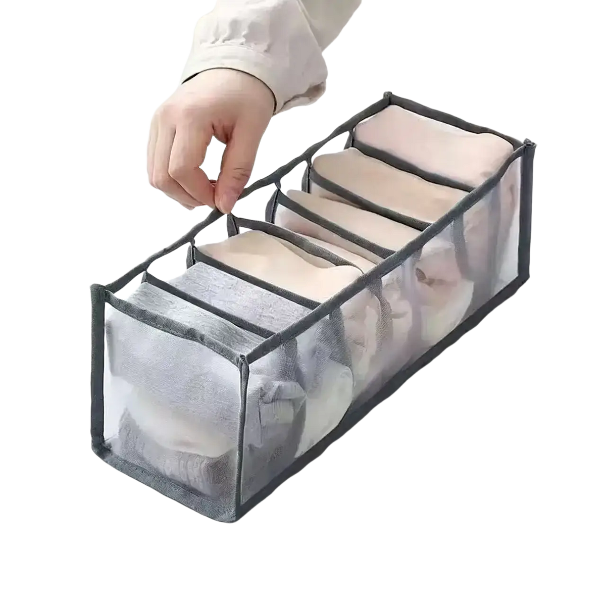 Grey transparent underwear organizer with seven compartments and black trim for drawer divider closet storage