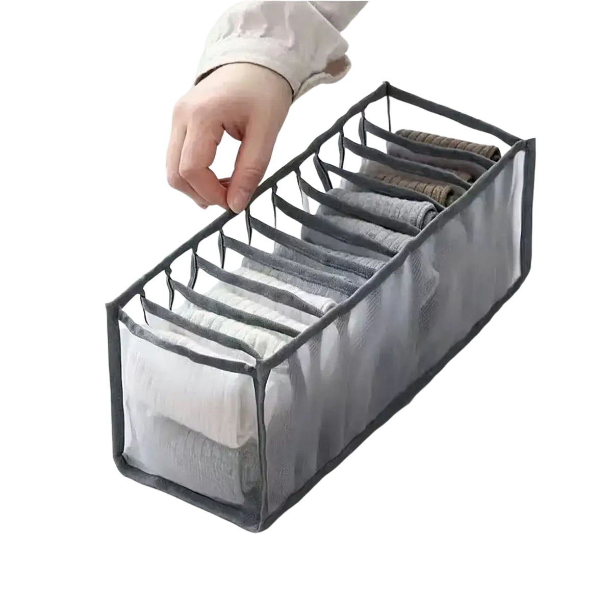 Grey mesh underwear organizer drawer divider with 11 compartments for neat storage of folded socks and underwear