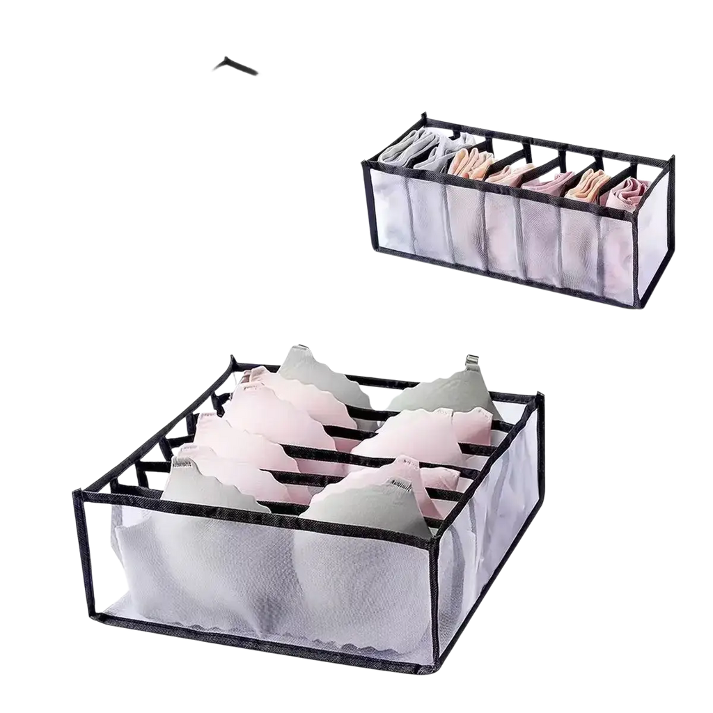 Transparent mesh bra organizers with black trim in 6, 7, and 11-cell options for underwear drawer storage