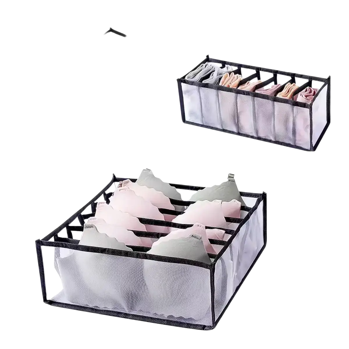 Transparent mesh bra organizers with black trim in 6, 7, and 11-cell options for underwear drawer storage