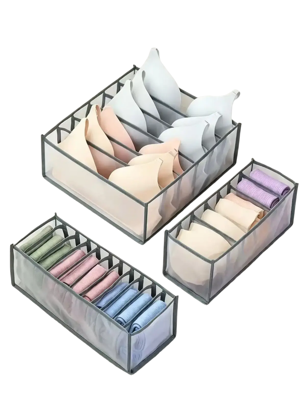 Underwear organizer drawer divider 3 in 1 closet storage box with transparent mesh compartments gray metal frame holding rolled pastel lingerie