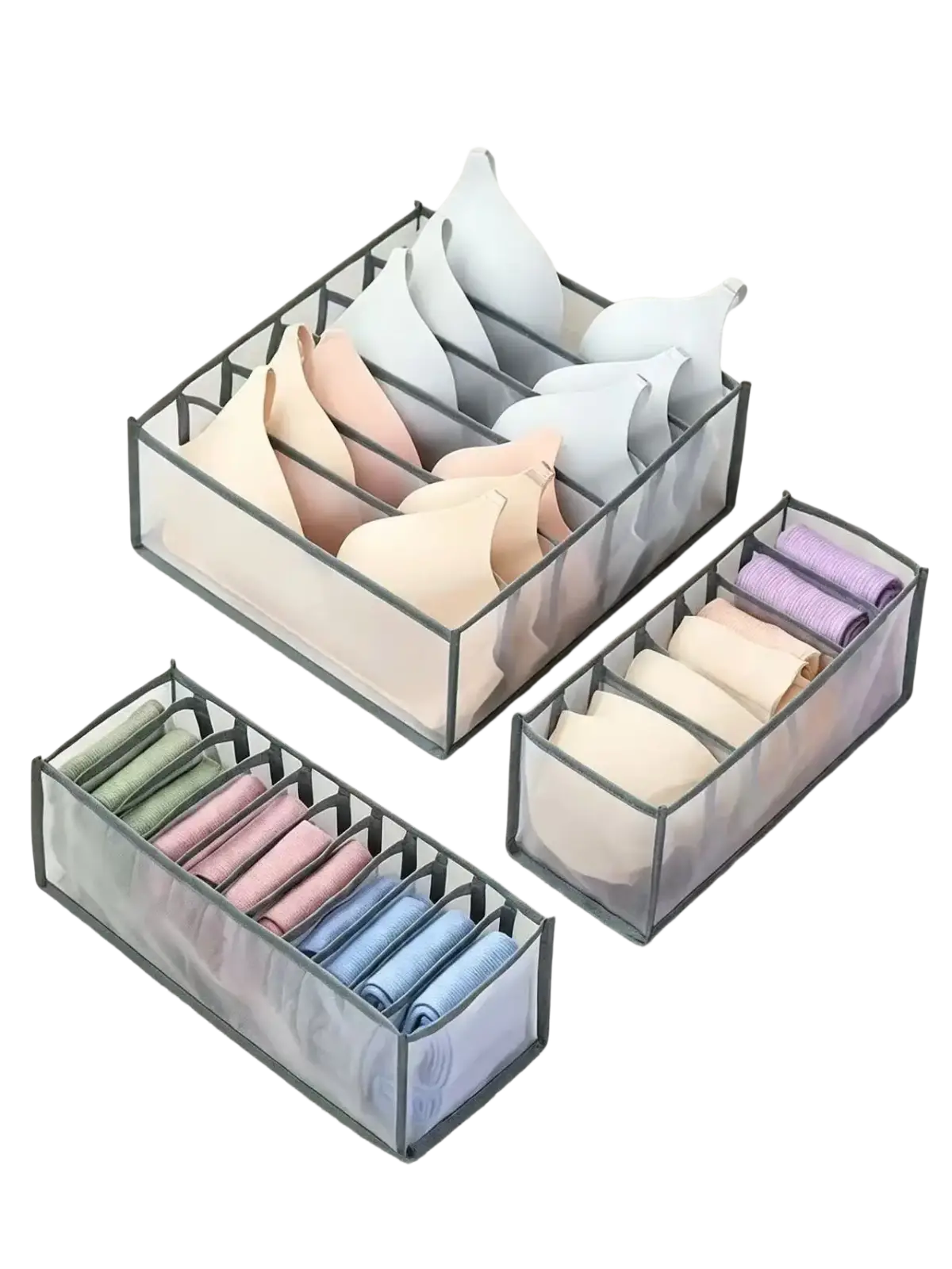 Underwear organizer drawer divider 3 in 1 closet storage box with transparent mesh compartments gray metal frame holding rolled pastel lingerie