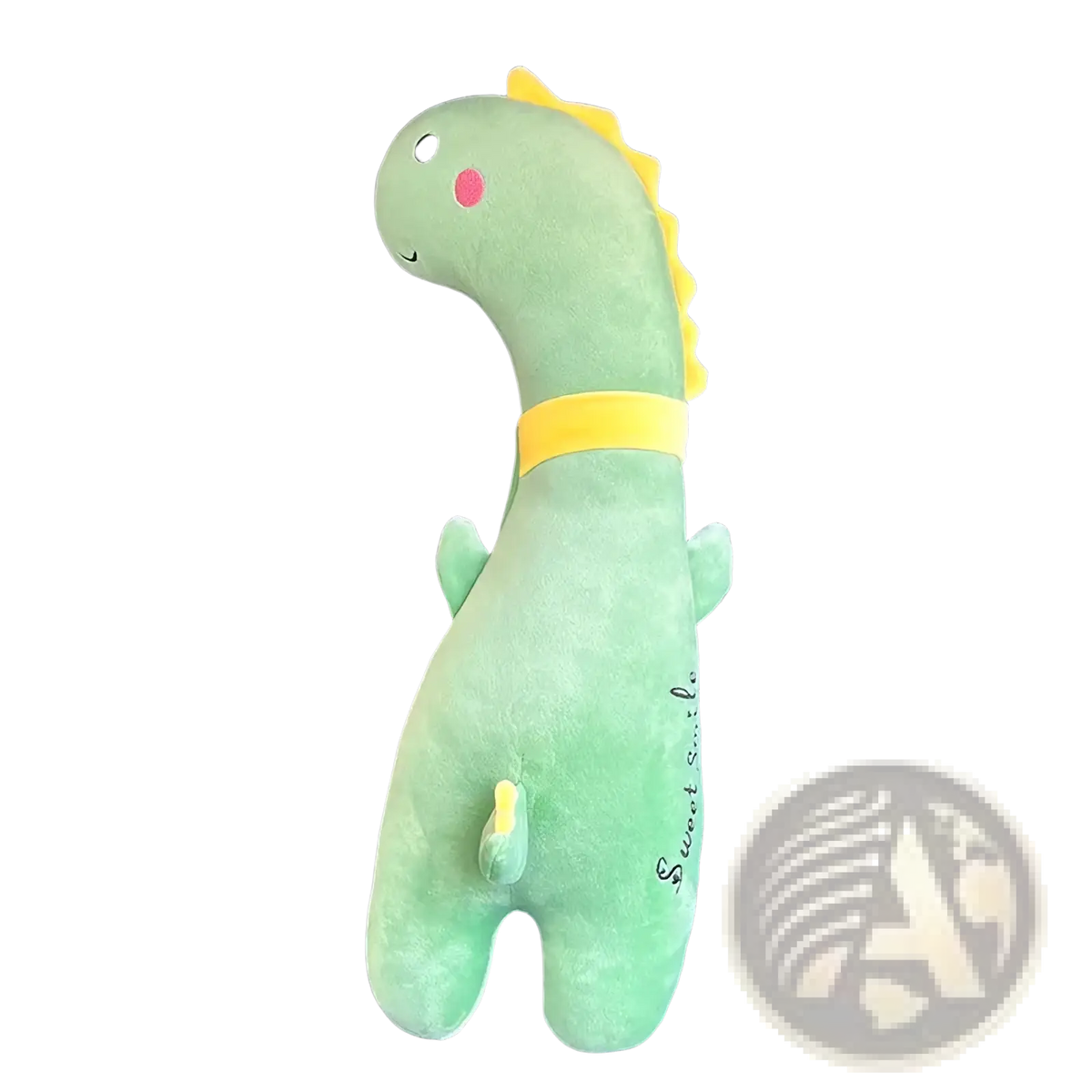 Unicorn car seat belt pillow for kids in light green plush dinosaur shape with yellow spikes and sweet smile embroidery