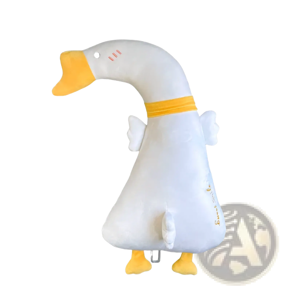 White plush goose-shaped car seat backrest holder with yellow beak feet and collar for kids car seat belt pillow