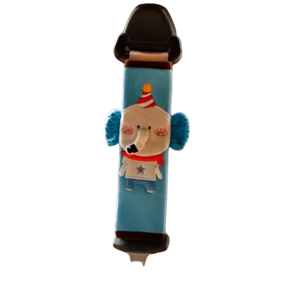 Blue fabric car seat belt cover with a cartoon elephant wearing a red and white striped party hat and scarf for kids
