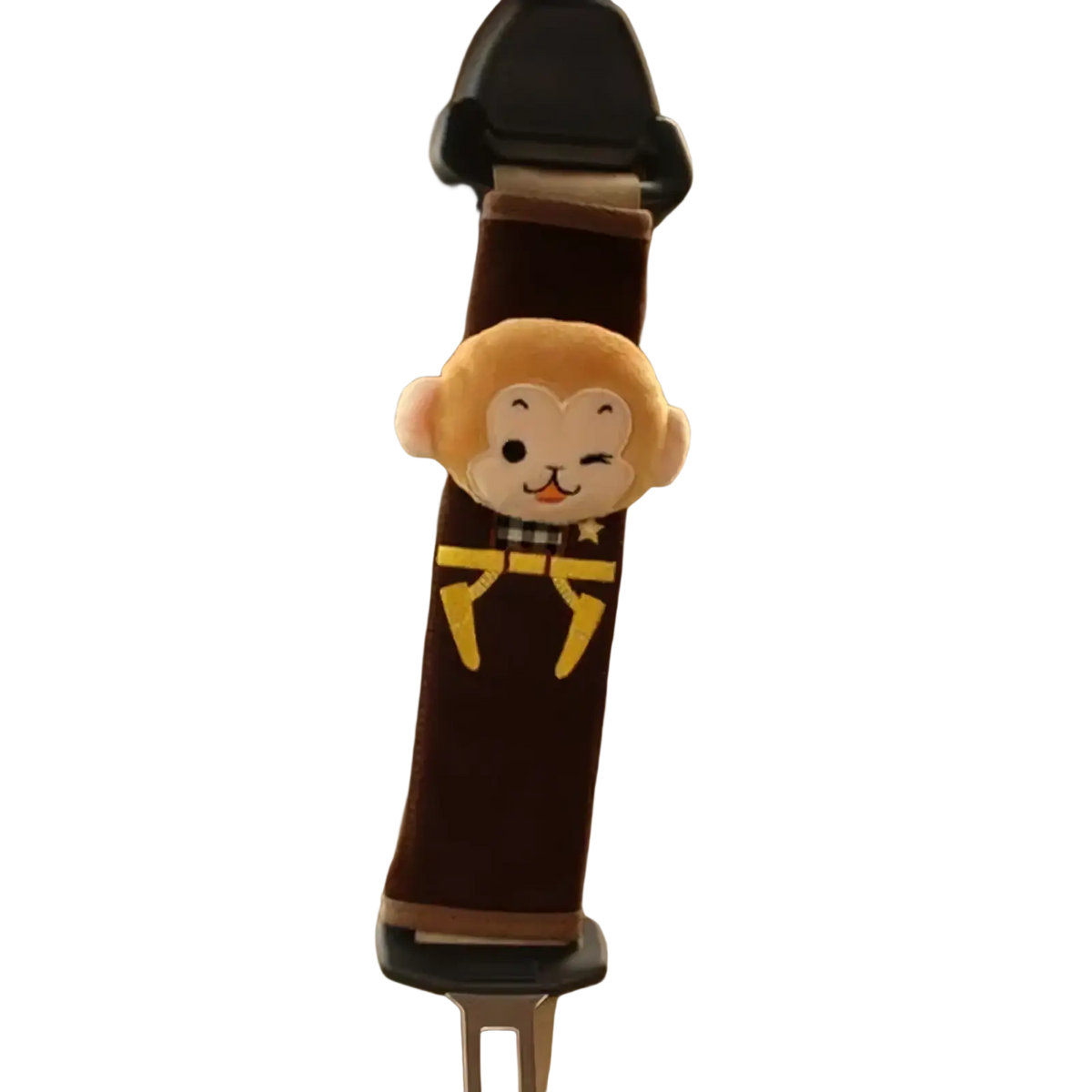 Brown plush monkey-themed car seat belt extender with embroidered yellow lettering and checkered collar for kids