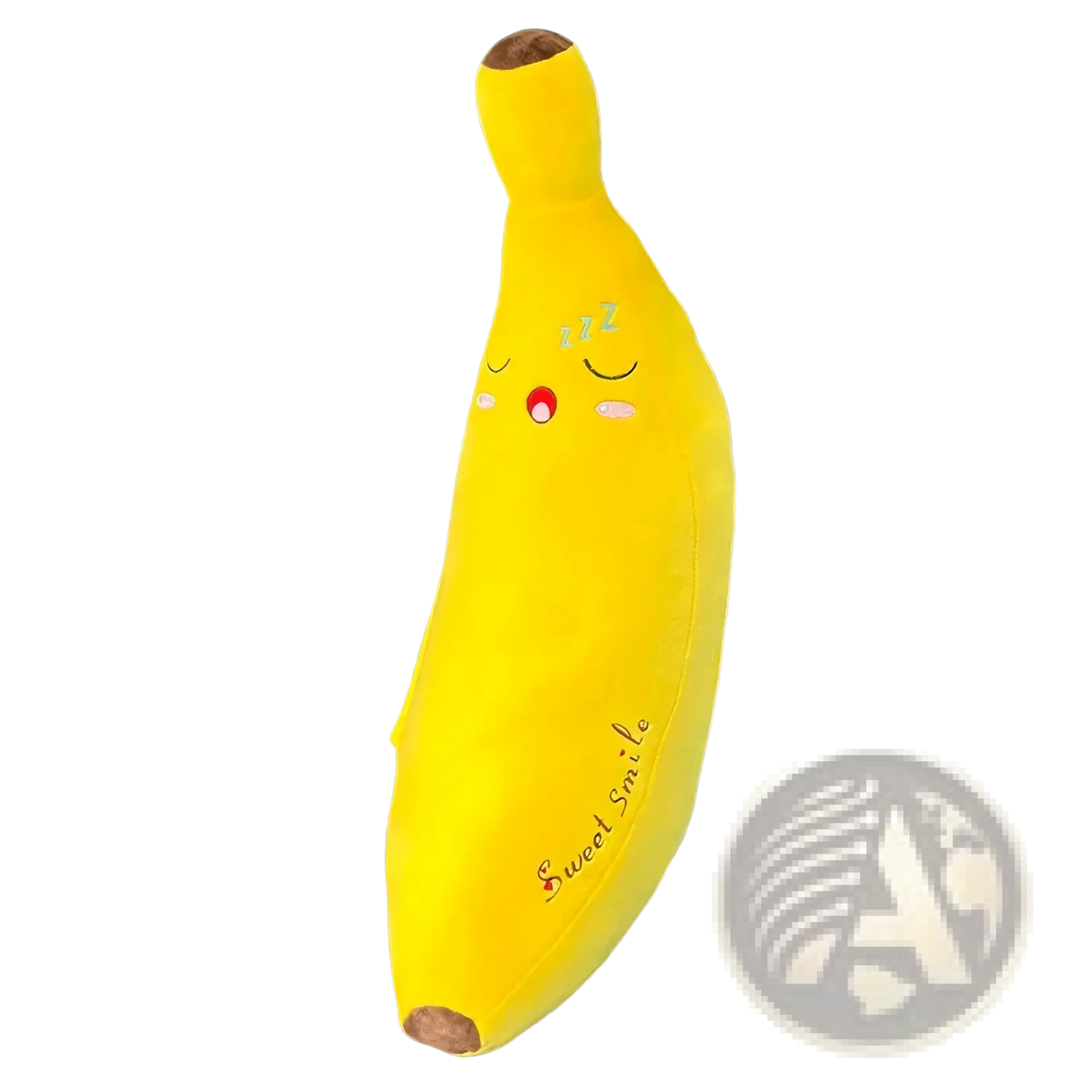 A plush yellow banana-shaped car seat cushion with sweet smile text and cute face design for kids seat belt comfort