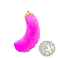 A plush vibrant pink eggplant-shaped neck pillow with green stem and embroidered smiley face for kids car seat belt use