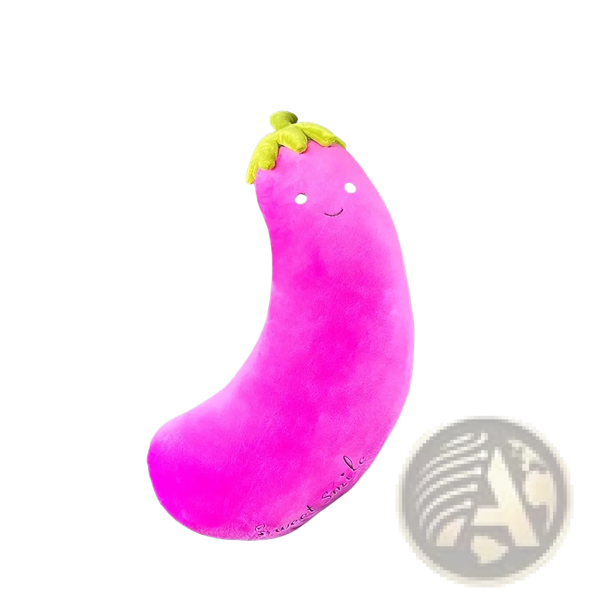 A plush vibrant pink eggplant-shaped neck pillow with green stem and embroidered smiley face for kids car seat belt use