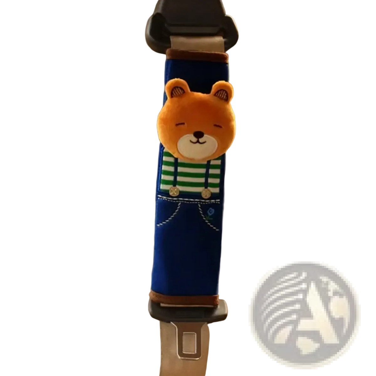 A plush orange fox-shaped car seat belt cover with green and white striped shirt details for kids car use