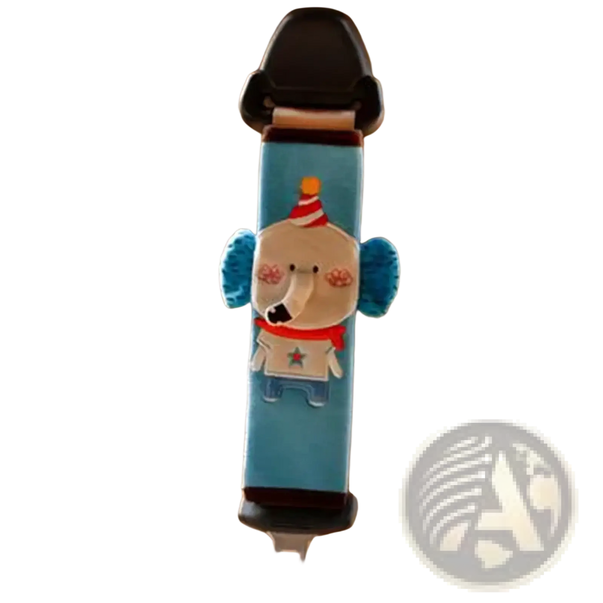 Blue fabric car seat belt cover with a cartoon elephant wearing a red and white striped party hat and scarf for kids