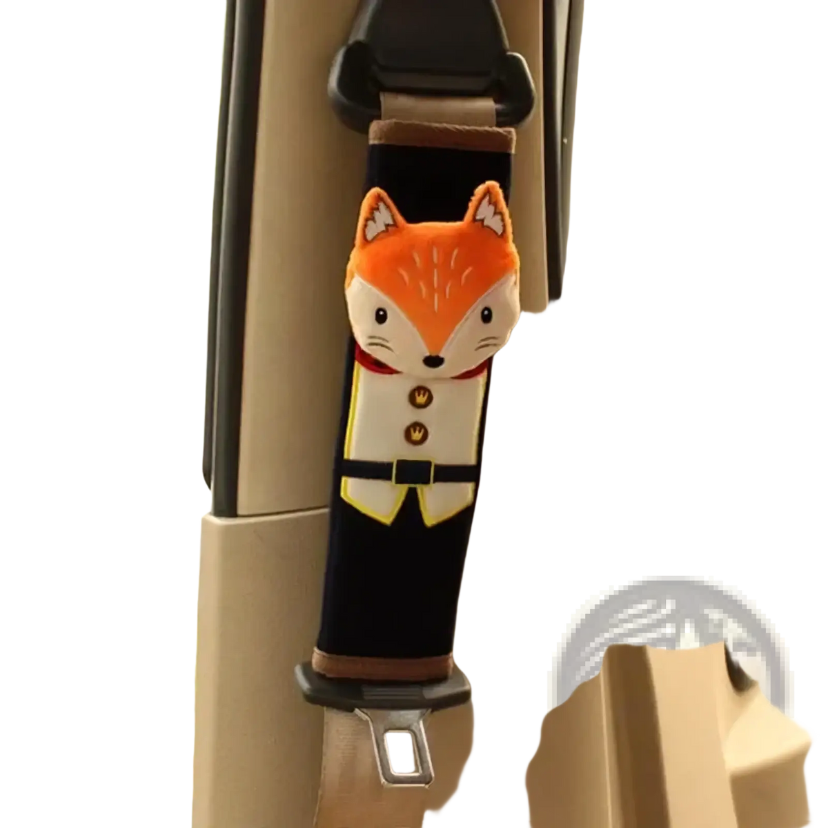 Orange fox-shaped car seat belt cover with embroidered details and black velour body for kids car seat pillow