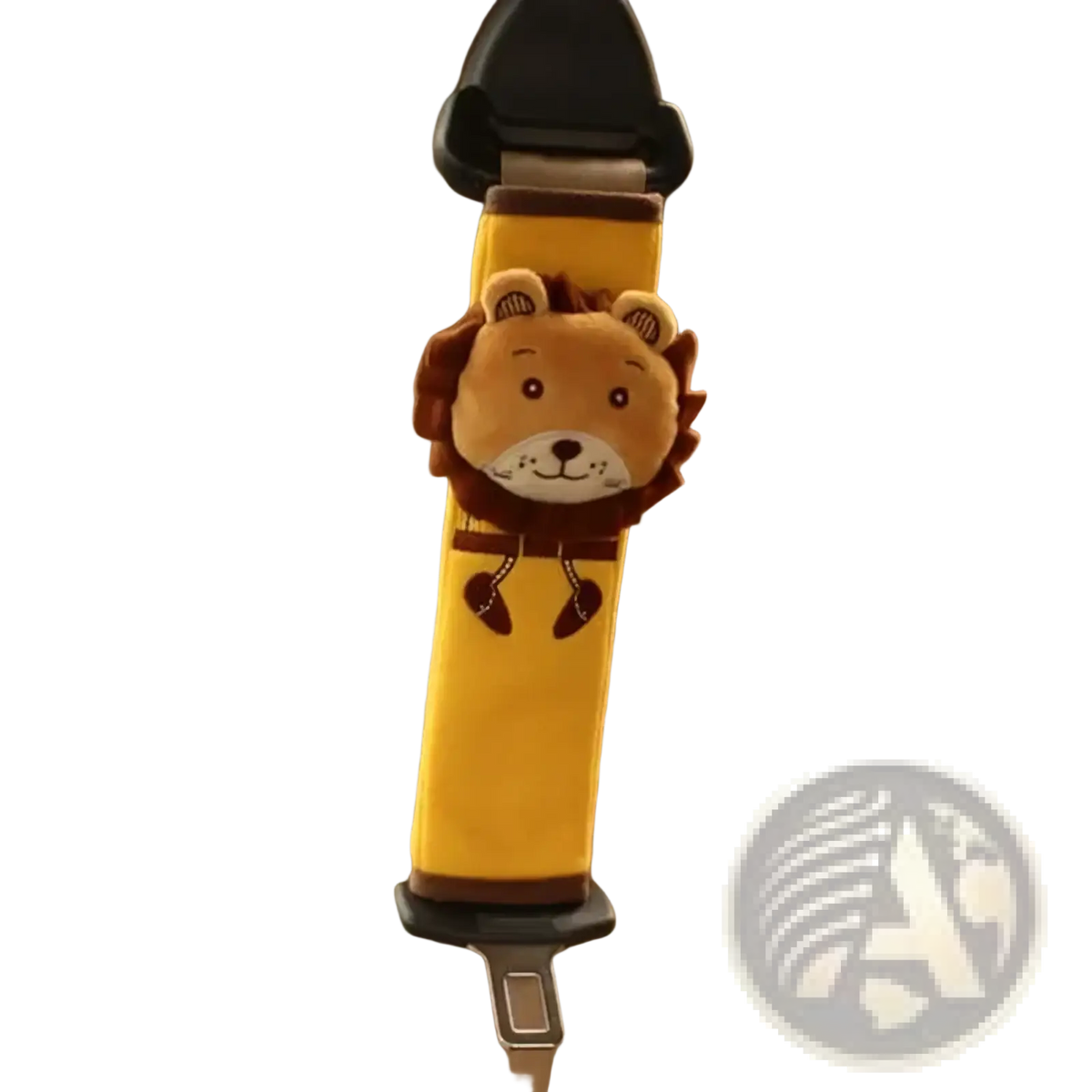 Yellow plush lion-themed car seat belt cover with brown mane and embroidered face for unicorn car seat belt pillow for kids