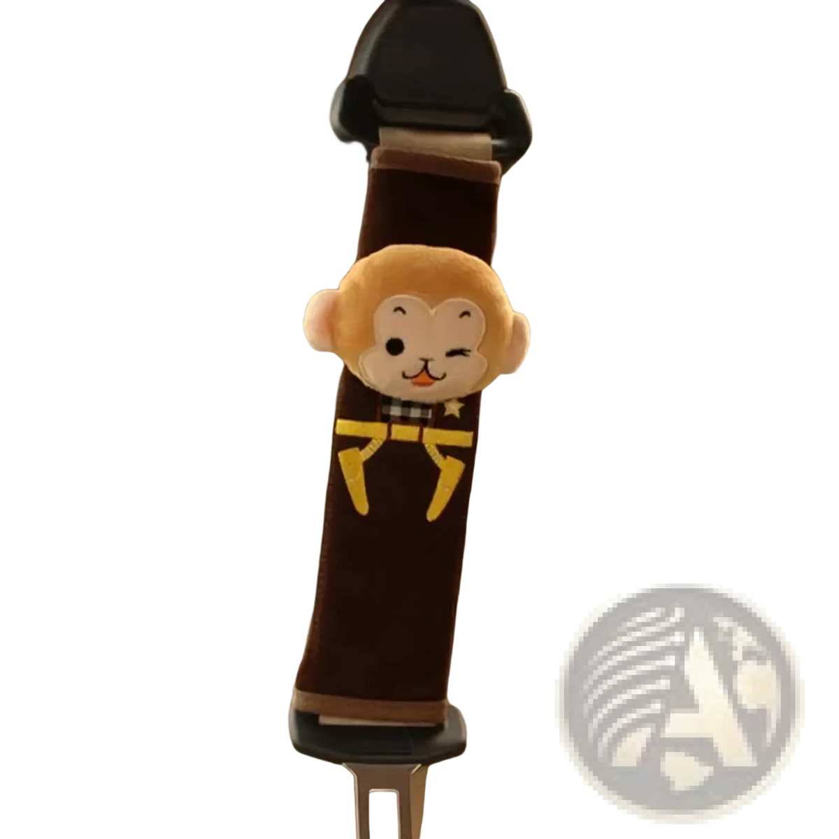 Brown plush monkey-themed car seat belt extender with embroidered yellow lettering and checkered collar for kids