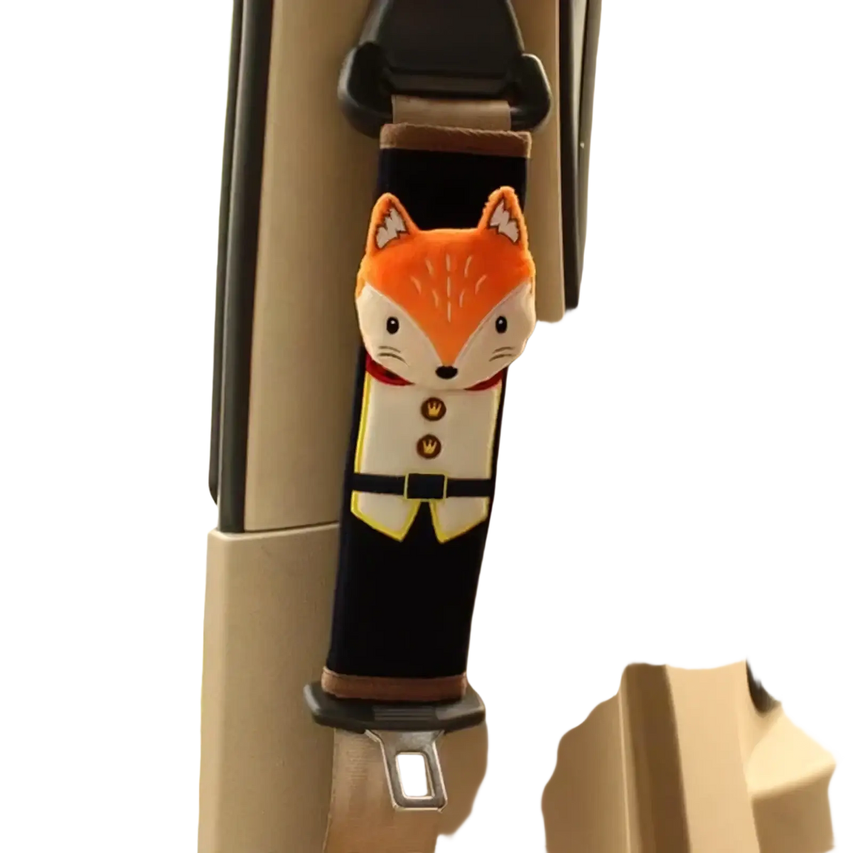 Orange fox-shaped car seat belt cover with embroidered details and black velour body for kids car seat pillow