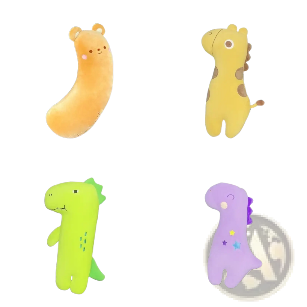 Plush dinosaur-shaped car seat backrest holders in soft orange yellow green and purple for unicorn car seat belt pillow for kids